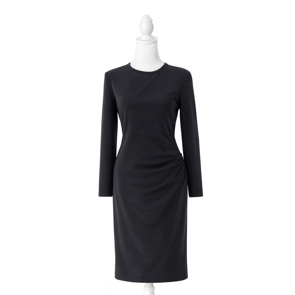 Anne Klein Black Long Sleeve Ruched Minimalist Stretch Sheath Midi Dress Small - Picture 2 of 9